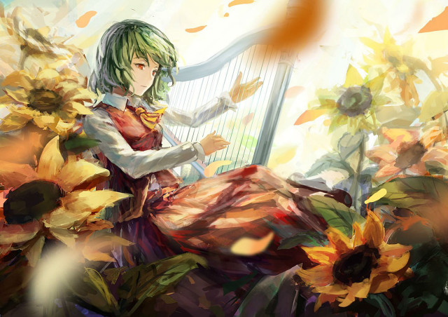 Green hair woman harp sunflowers free wallpaper for desktop - medium preview image