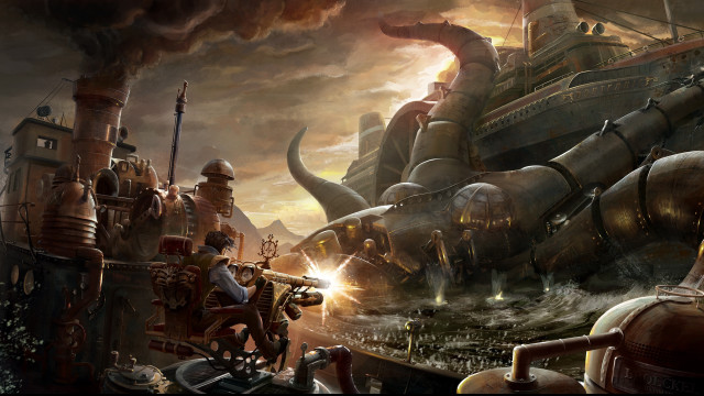 Giant octopus attack harbor battle free wallpaper for desktop - medium preview image