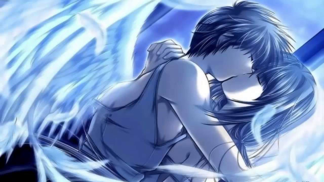 Blue angel hugging woman anime free wallpaper for desktop - medium preview image