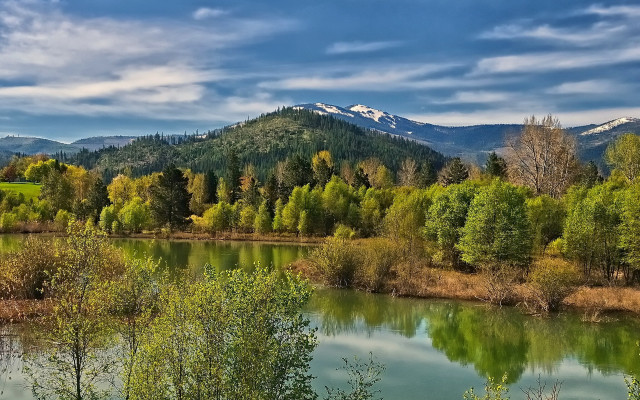 River trees mountains cloudy sky free wallpaper for desktop - medium preview image