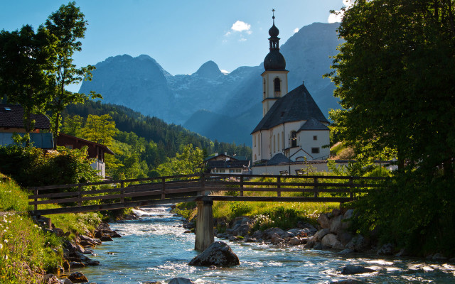 Small bridge river church mountains free wallpaper for desktop - medium preview image
