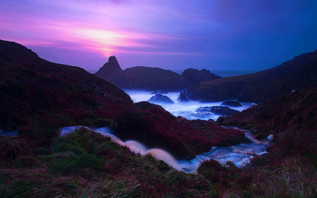 Lush river hillside purple sunset free wallpaper for desktop - medium preview image