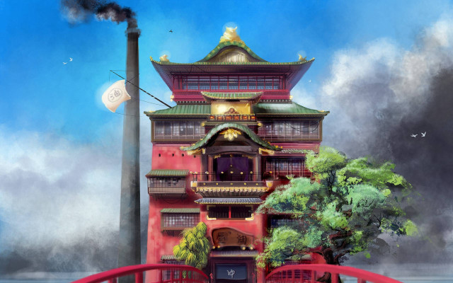 Red bridge building tree city free wallpaper for desktop - medium preview image