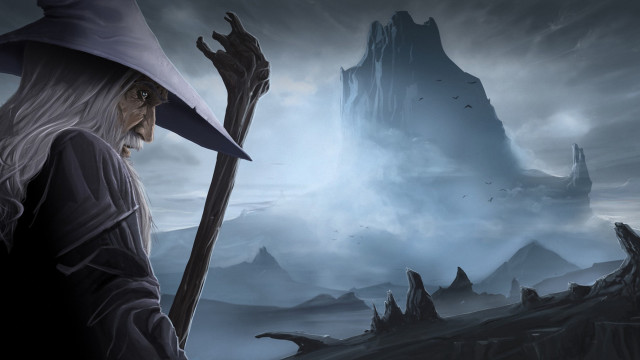 Wizard staff mountain foggy sky free wallpaper for desktop - medium preview image