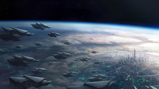 Futuristic city fighter jets planet free wallpaper for desktop - medium preview image