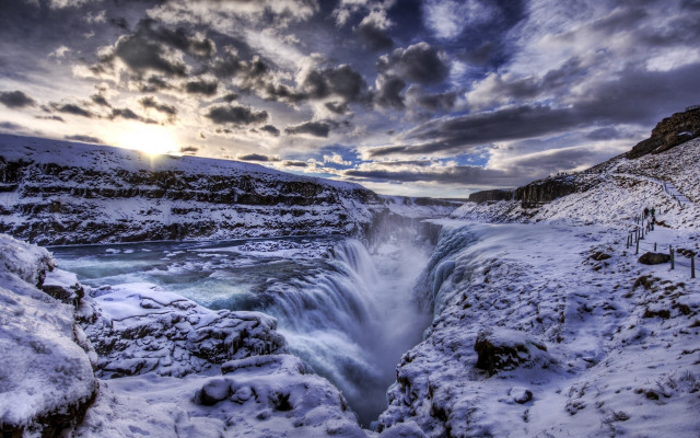 Waterfall snowy landscape sunset cloudy free wallpaper for desktop - medium preview image
