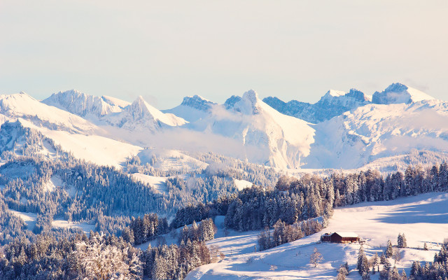 Snowy mountain cabin trees sky free wallpaper for desktop - medium preview image