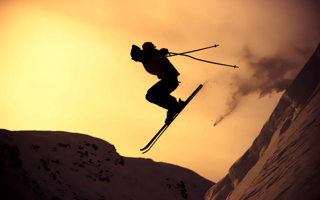 Skier trick cinematic sunset silhouette free wallpaper for desktop - medium preview image