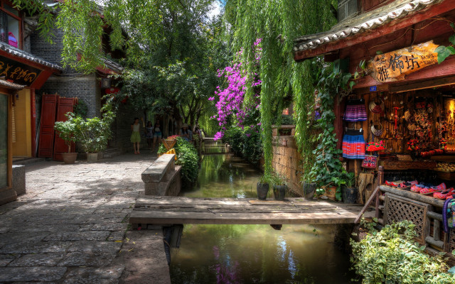 Small pond alley bridge flower free wallpaper for desktop - medium preview image