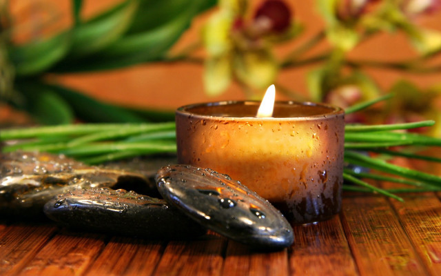 Candle wooden table plant rocks free wallpaper for desktop - medium preview image