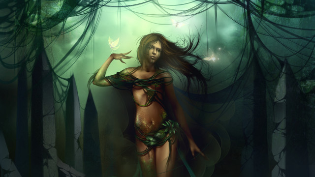Woman forest butterfly green dress free wallpaper for desktop - medium preview image