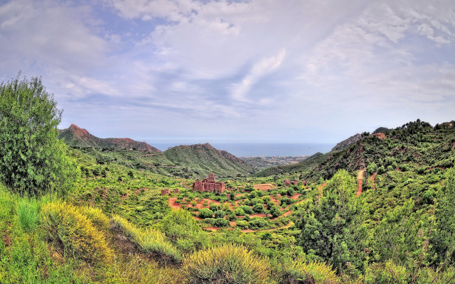 Mountain range forest bushes sky free wallpaper for desktop - medium preview image