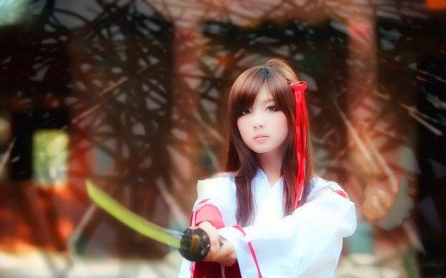 White dress red ribbon miko free wallpaper for desktop - medium preview image