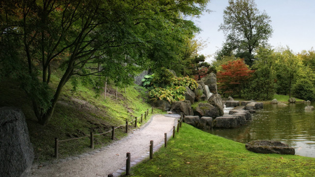 Park pond path bench trees free wallpaper for desktop - medium preview image