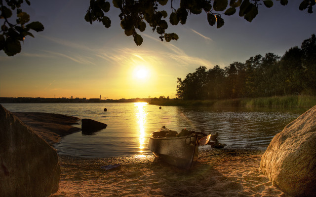 Boat shore lake sunset clouds free wallpaper for desktop - medium preview image