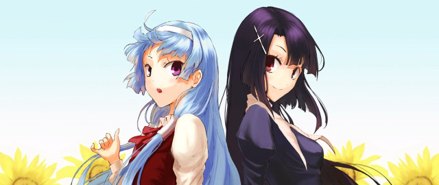 Anime girls blue hair sunflowers free wallpaper for desktop - medium preview image