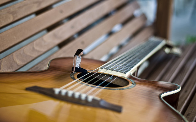 Miniature person guitar bench giantess free wallpaper for desktop - medium preview image
