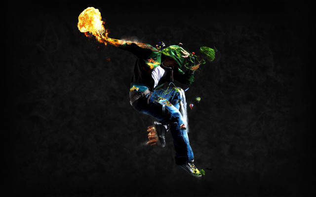 Flying man skateboard fireball green free wallpaper for desktop - medium preview image