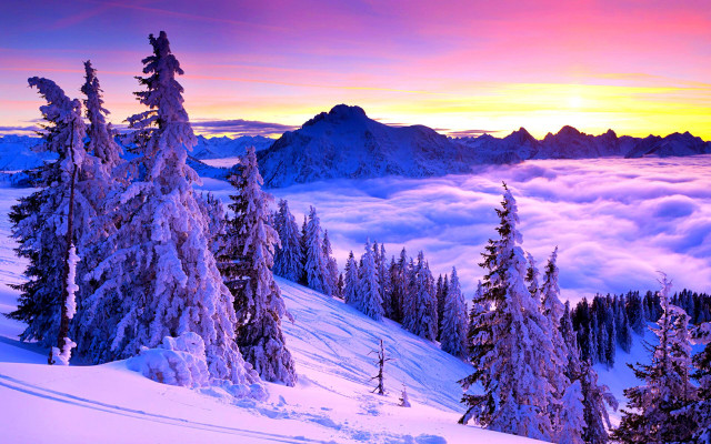 Sunset snowy mountain trees clouds #9 free wallpaper for desktop - medium preview image