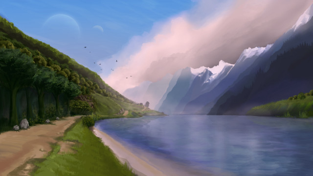 Mountain lake path forest sky free wallpaper for desktop - medium preview image