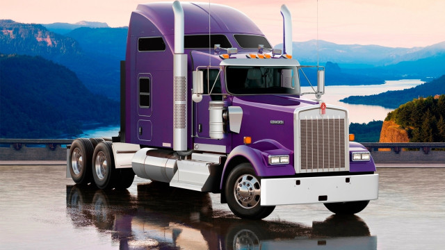 Purple semi truck mountains lake free wallpaper for desktop - medium preview image