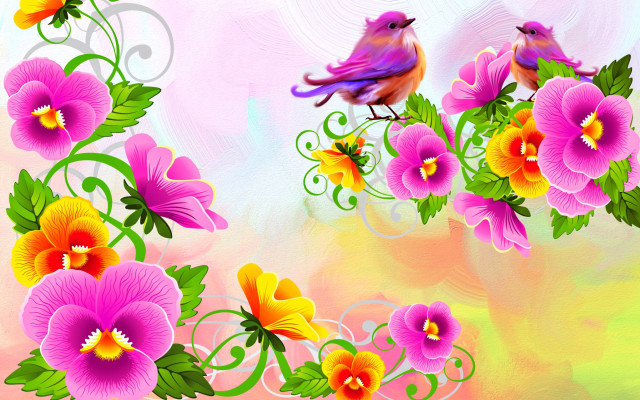 Bird branch flowers pink background free wallpaper for desktop - medium preview image