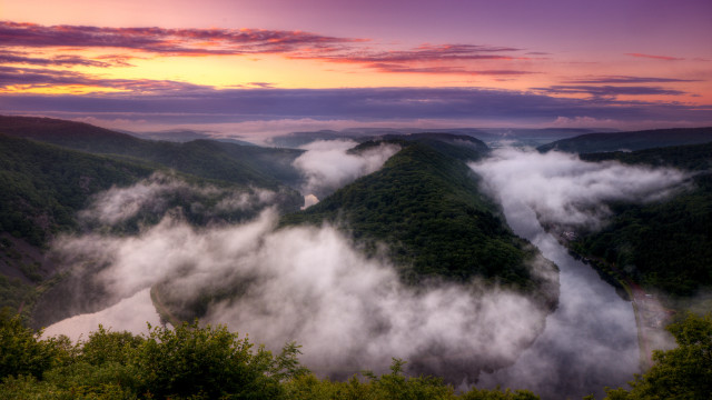 River mountains clouds sunset pink free wallpaper for desktop - medium preview image