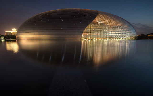 Large building lake night reflection free wallpaper for desktop - medium preview image