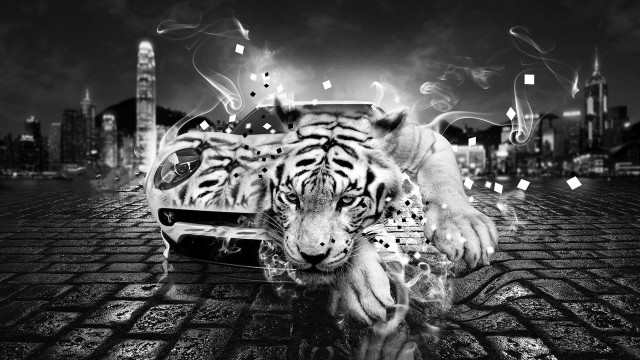 Tiger running smoke car destruction free wallpaper for desktop - medium preview image