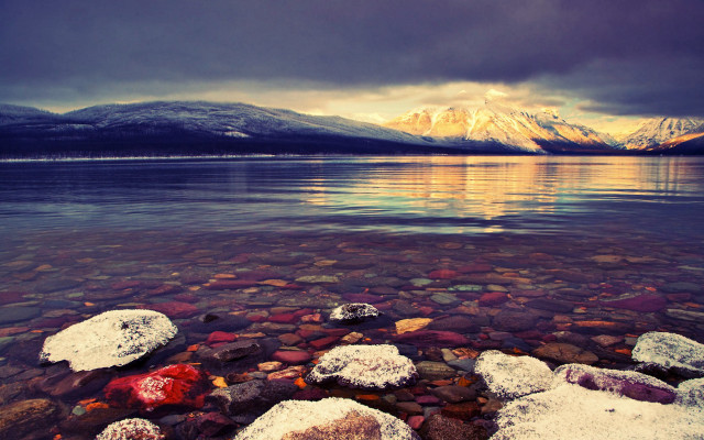 Lake rocks snow mountains cloudy free wallpaper for desktop - medium preview image