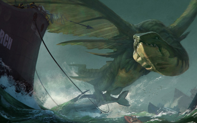 Green winged creature flying over free wallpaper for desktop - medium preview image