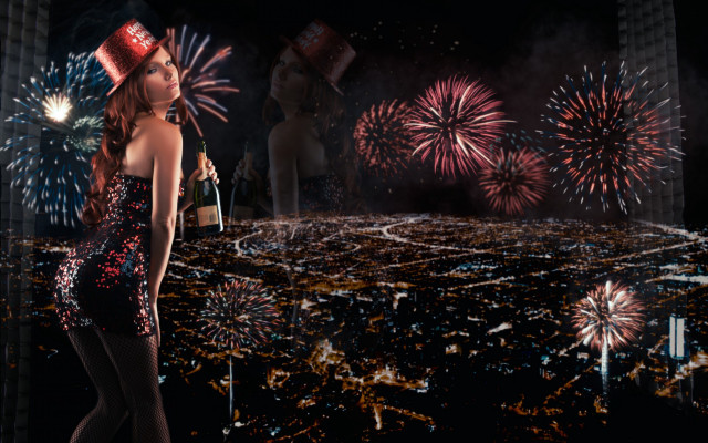 Woman red hat city skyline free wallpaper for desktop - medium preview image