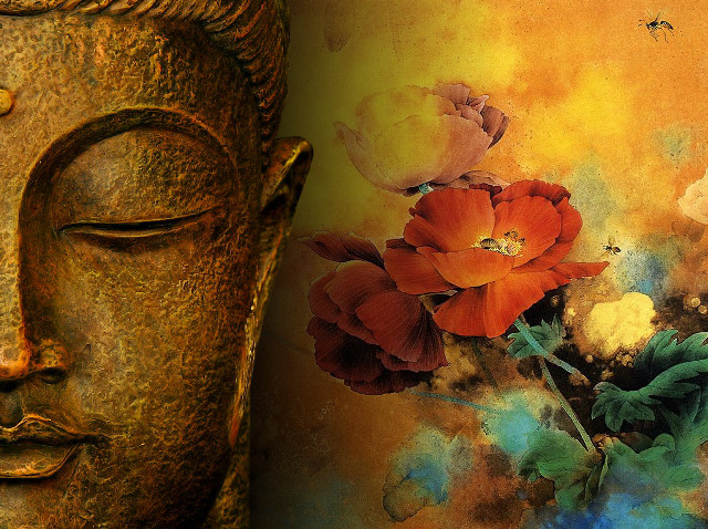 Buddha head flowers background painting free wallpaper for desktop - medium preview image