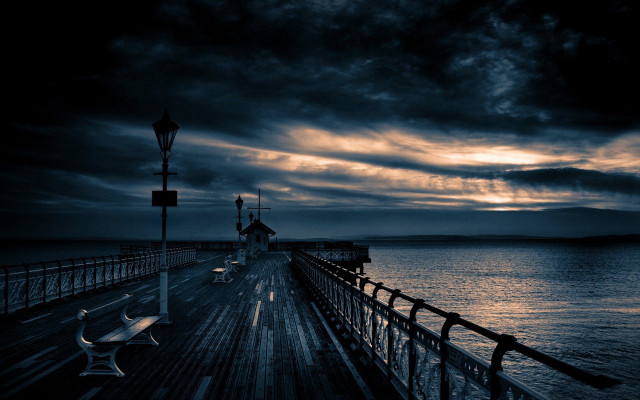 Pier benches lamp post night free wallpaper for desktop - medium preview image