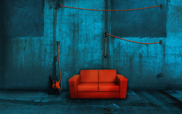 Red couch guitar blue light free wallpaper for desktop - medium preview image