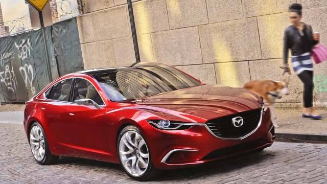 Red car walking dog street free wallpaper for desktop - medium preview image