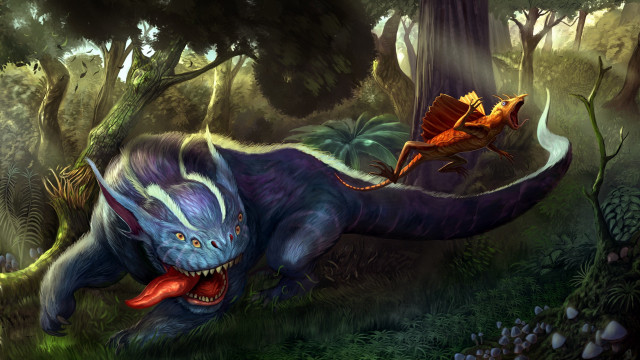 Dinosaur chasing red green dragons free wallpaper for desktop - medium preview image