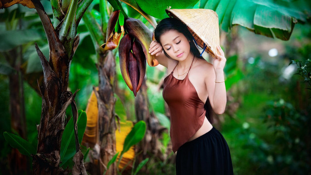 Woman banana tree hat portrait free wallpaper for desktop - medium preview image