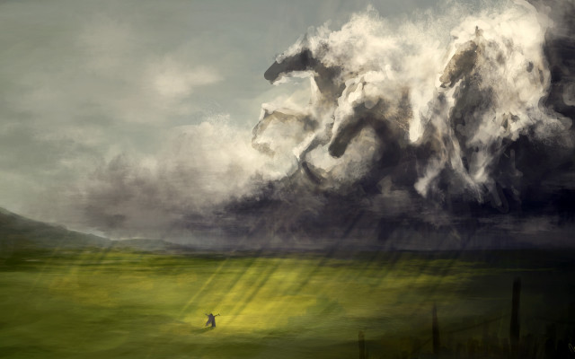 Horse field person cloudy sky free wallpaper for desktop - medium preview image