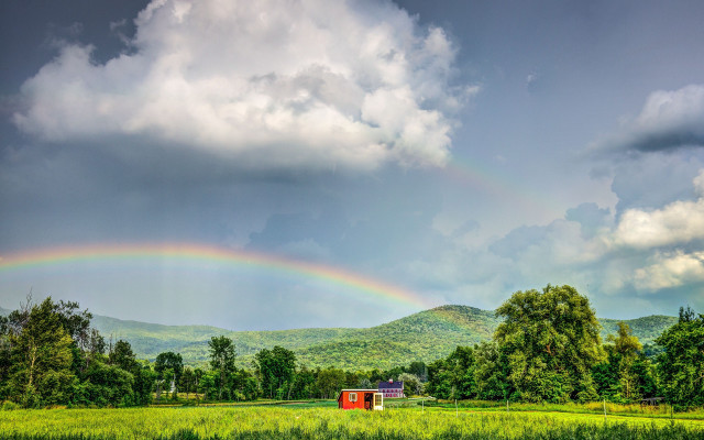 Rainbow greenfield redshed mountains nature free wallpaper for desktop - medium preview image
