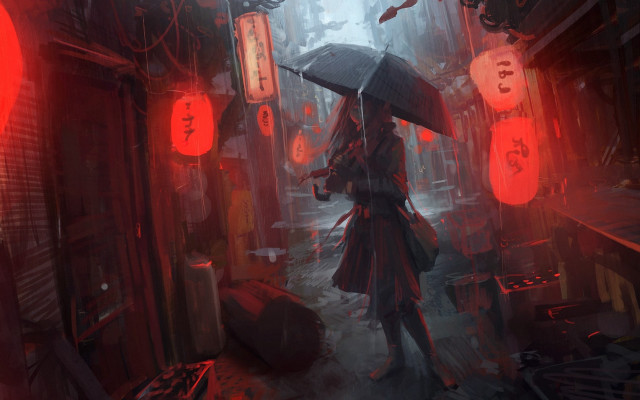 Woman umbrella rainy alley fantasy free wallpaper for desktop - medium preview image