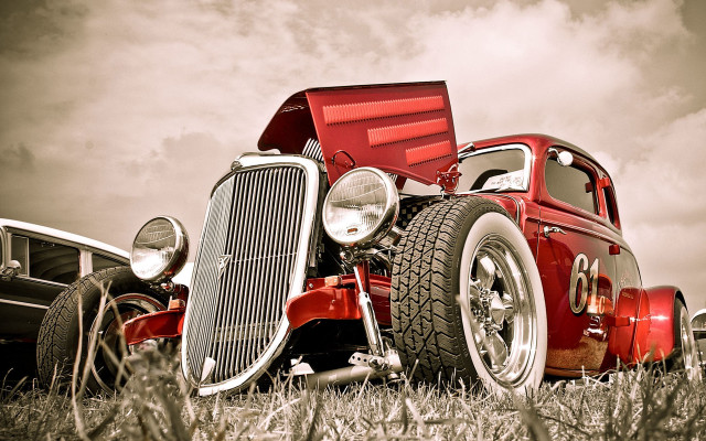 Red truck field black car free wallpaper for desktop - medium preview image