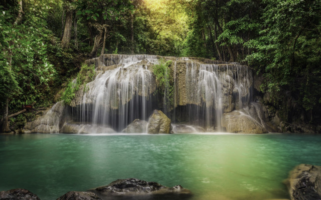Waterfall large rock green water free wallpaper for desktop - medium preview image