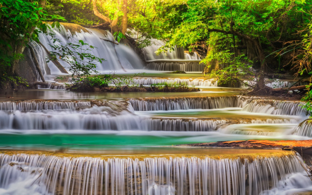 Waterfall green pool trees people free wallpaper for desktop - medium preview image