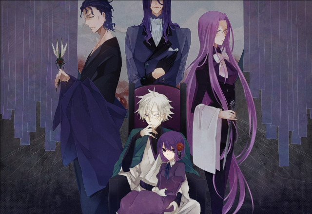 Anime characters sitting chairs swords free wallpaper for desktop - medium preview image