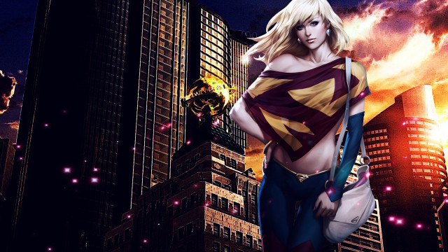 Woman sword firework city skyline free wallpaper for desktop - medium preview image