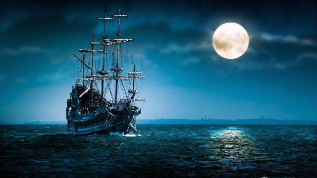 Moonlit boat reflection ocean night free wallpaper for desktop - medium preview image