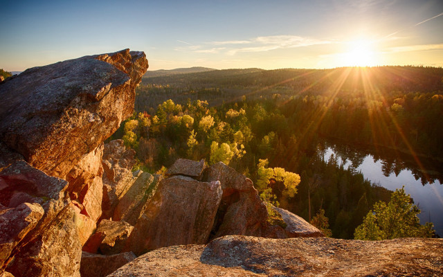 Lake forest sunset cliff lens free wallpaper for desktop - medium preview image