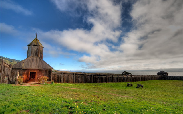 Barn steeple field fence clouds free wallpaper for desktop - medium preview image