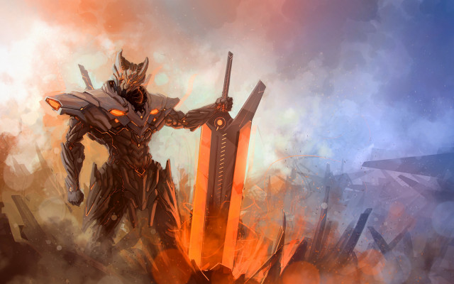 Giant robot fire sky sword free wallpaper for desktop - medium preview image